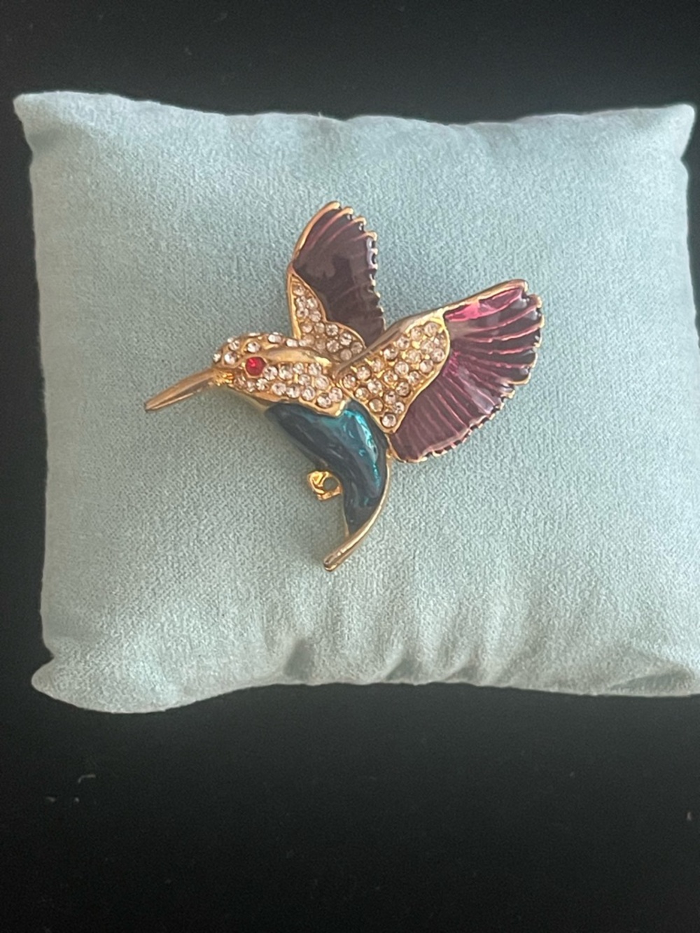 Gold-Tone Hummingbird Brooch with Pink and Teal Enamel